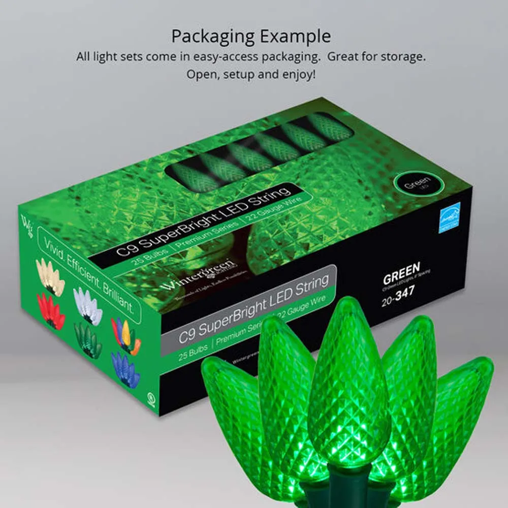 25 Green C9 LED Christmas Lights, Green Wire, 8" Spacing