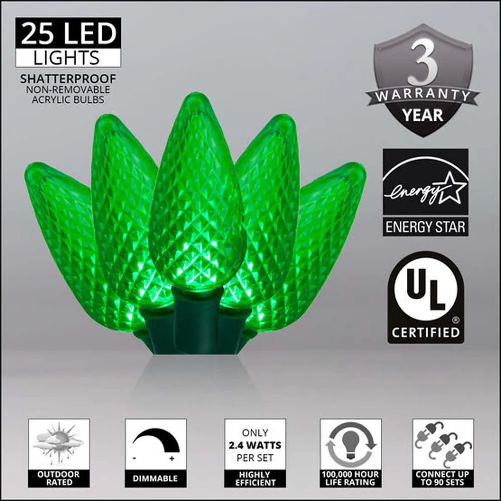 25 Green C9 LED Christmas Lights, Green Wire, 8" Spacing