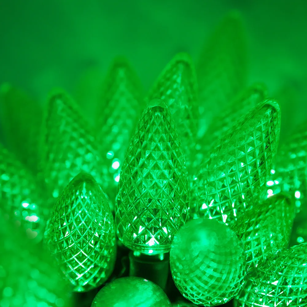 25 Green C9 LED Christmas Lights, Green Wire, 8" Spacing