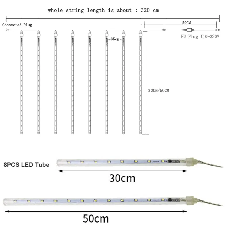 30 50cm Meteor Shower Rain 8 Tubes LED String Lights