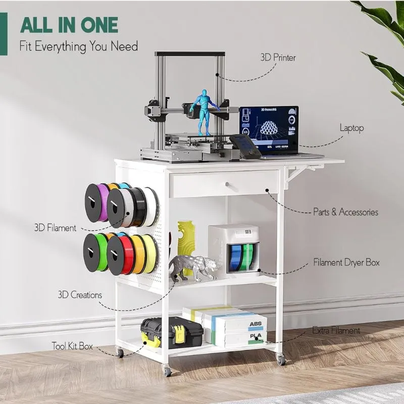 3D Printer Table with 40 Filaments Spool Storage Capacity w/ Wheels, Heavy Duty Shelf 22.8"L x 19.7"W x 35.4"H