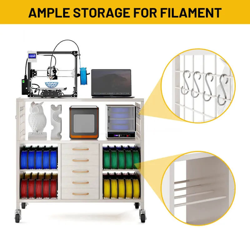 3D Printer Table with 50 Filaments Spool Storage Capacity w/ Wheels, Heavy Duty Shelf 46"L x 19"W x 35"H