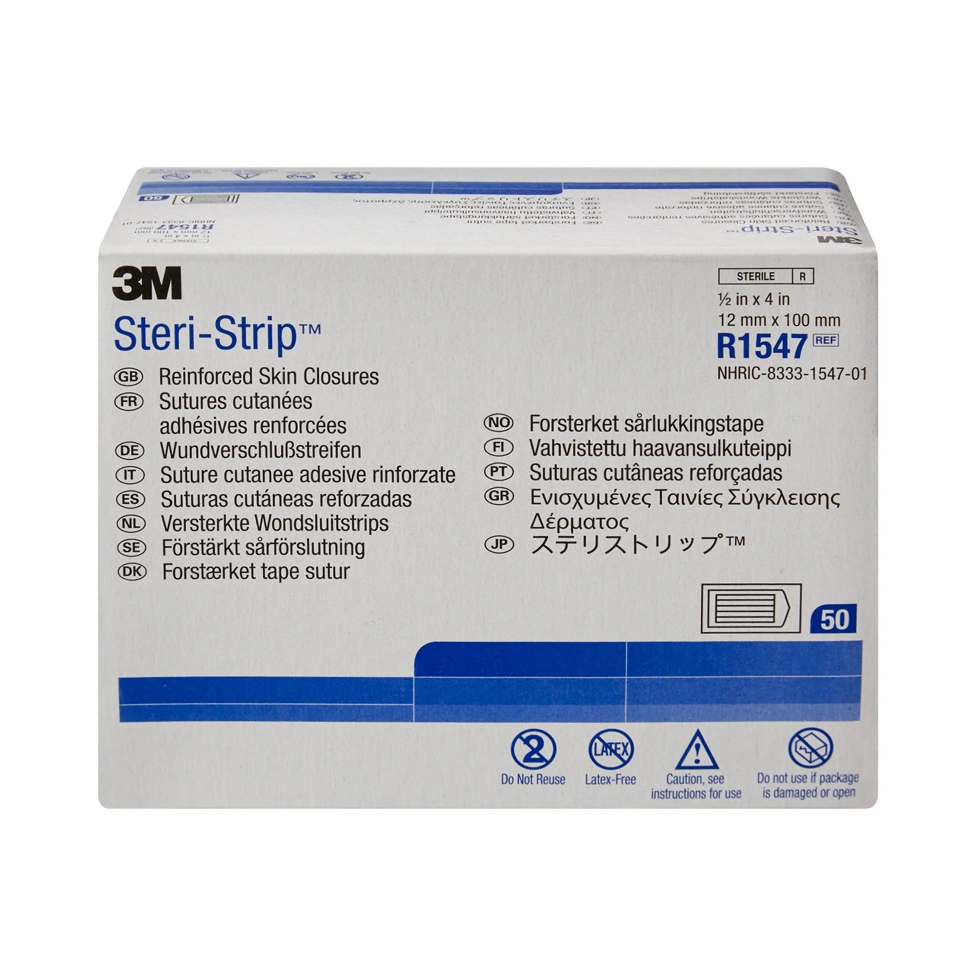 3M Steri-Strip Skin Closure Strips, Non-Woven, 1/2 inch X 4 inch, Reinforced Strip, White, 1 Case of 200