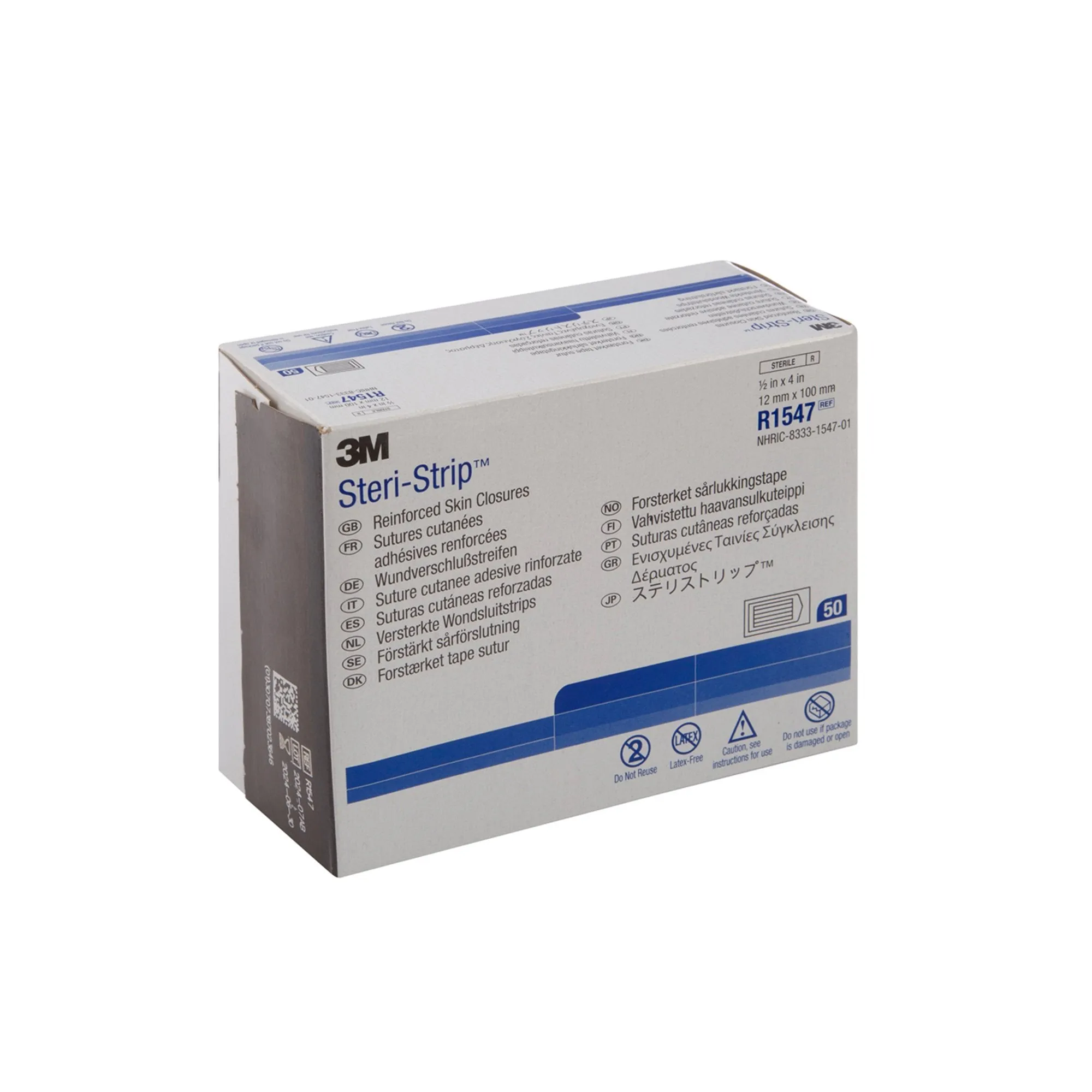 3M Steri-Strip Skin Closure Strips, Non-Woven, 1/2 inch X 4 inch, Reinforced Strip, White, 1 Case of 200