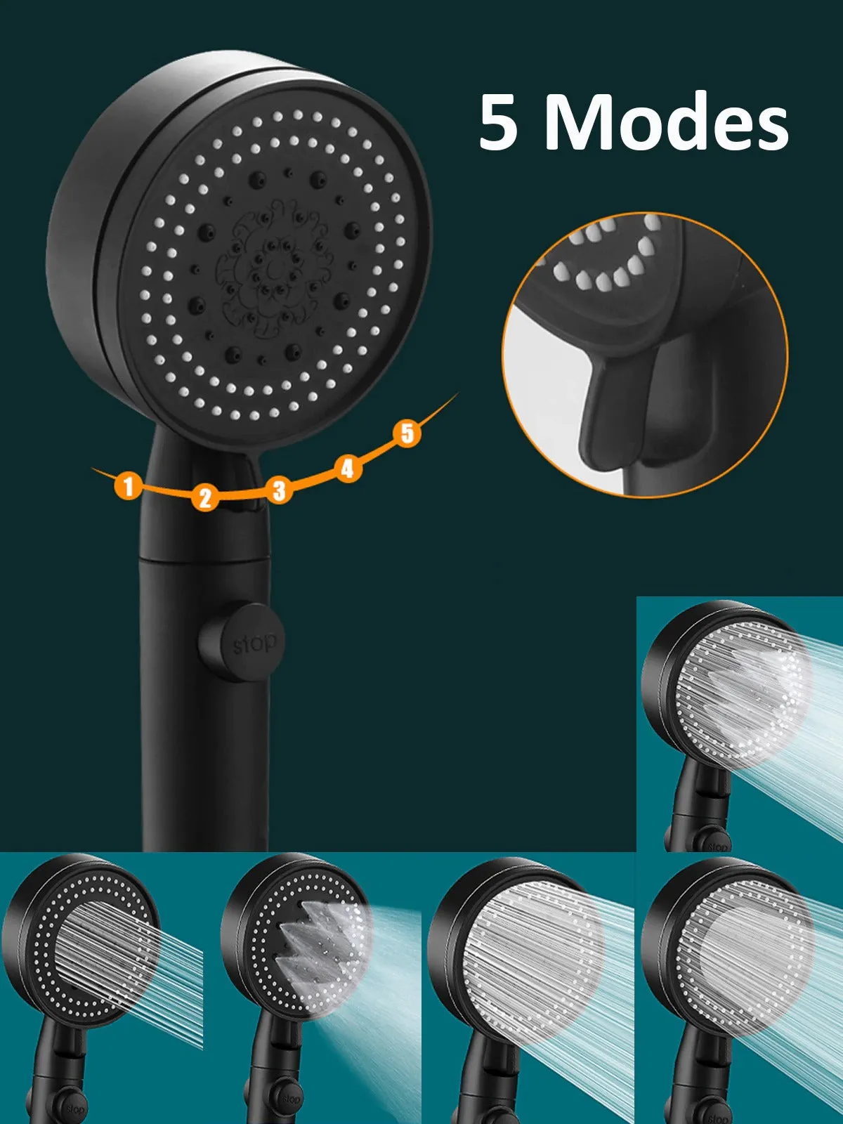 5 Mode High Pressure Shower Head Water Saving Black Adjustable Shower One-Key Stop Water Massage Eco
