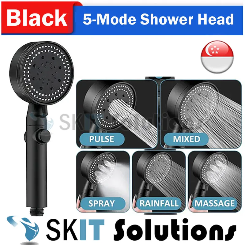 5 Mode High Pressure Shower Head Water Saving Black Adjustable Shower One-Key Stop Water Massage Eco