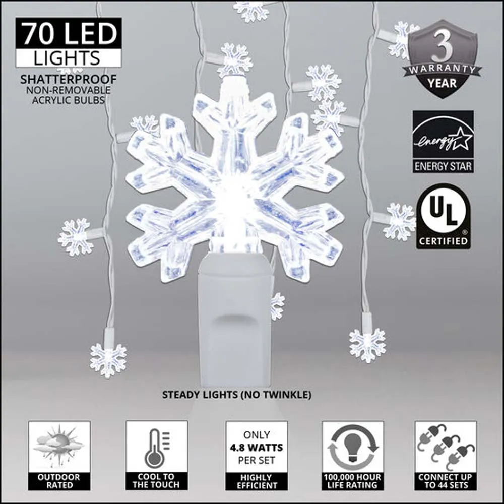70 Cool White Snowflake LED Icicle Light Set with White Wire
