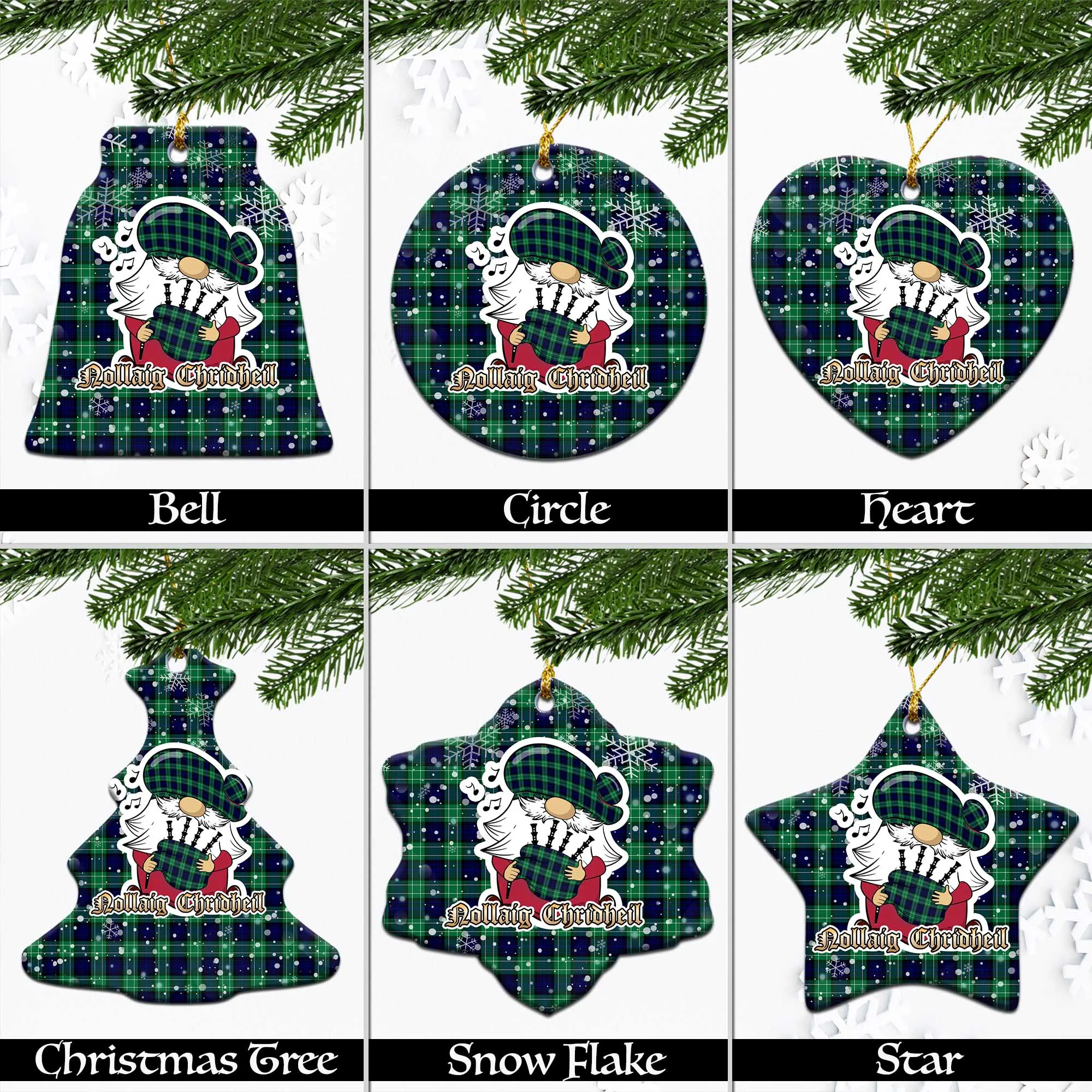 Abercrombie Tartan Christmas Ceramic Ornaments with Scottish Gnome Playing Bagpipes