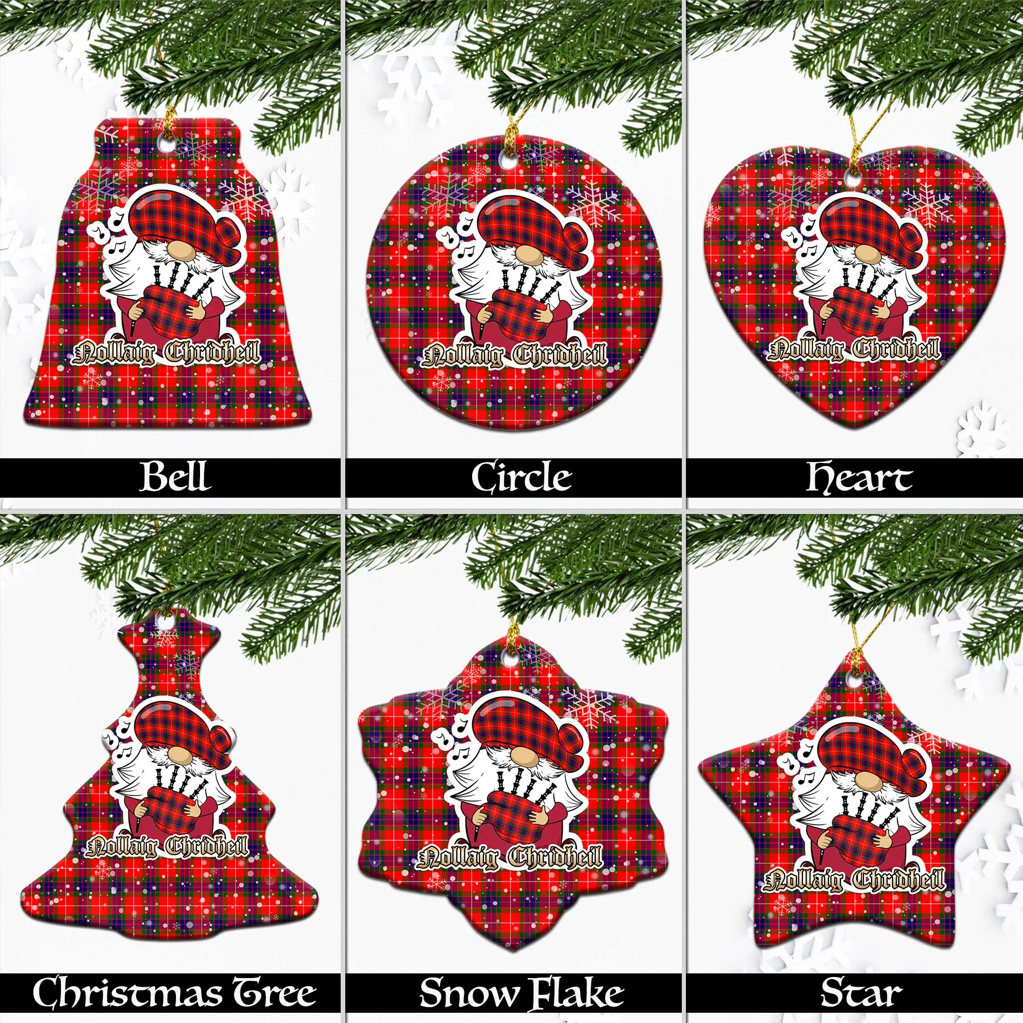 Abernethy Tartan Christmas Ceramic Ornaments with Scottish Gnome Playing Bagpipes