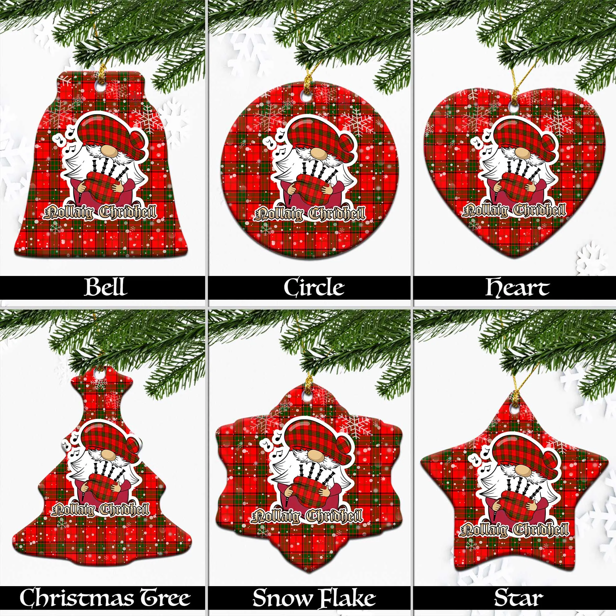 Adair Tartan Christmas Ceramic Ornaments with Scottish Gnome Playing Bagpipes