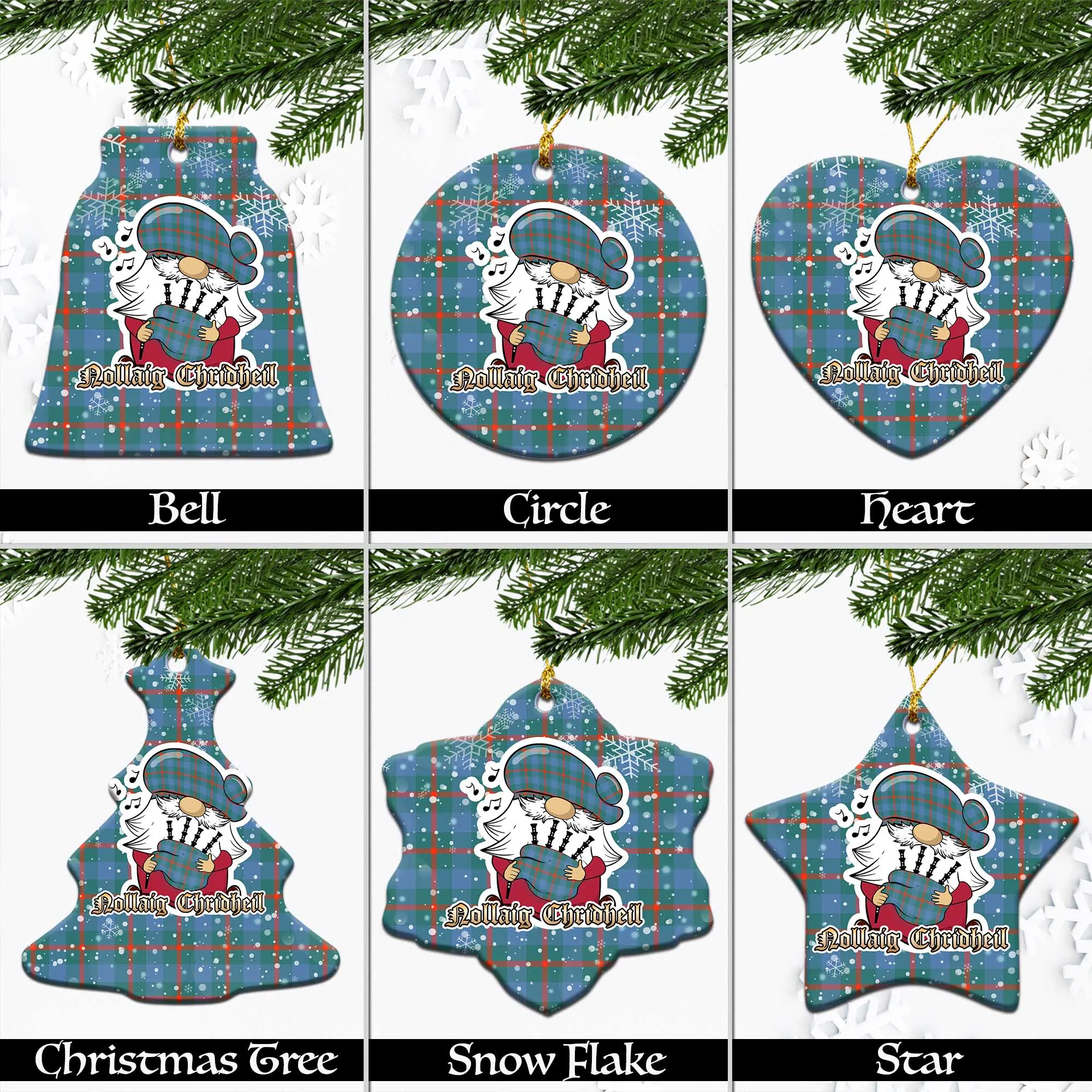 Agnew Ancient Tartan Christmas Ceramic Ornaments with Scottish Gnome Playing Bagpipes