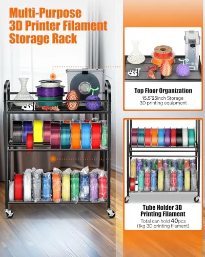 AHOWPD 3D Printer Filament Storage Rack- Rolling Filament Spool Holders Racks with Wheels, Heavy Duty Metal Shelf for PLA/ABS/TPU/Nylon, Filaments Organzied for 3D Printing Studio, Office Workshop