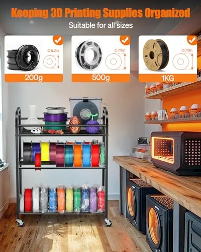 AHOWPD 3D Printer Filament Storage Rack- Rolling Filament Spool Holders Racks with Wheels, Heavy Duty Metal Shelf for PLA/ABS/TPU/Nylon, Filaments Organzied for 3D Printing Studio, Office Workshop