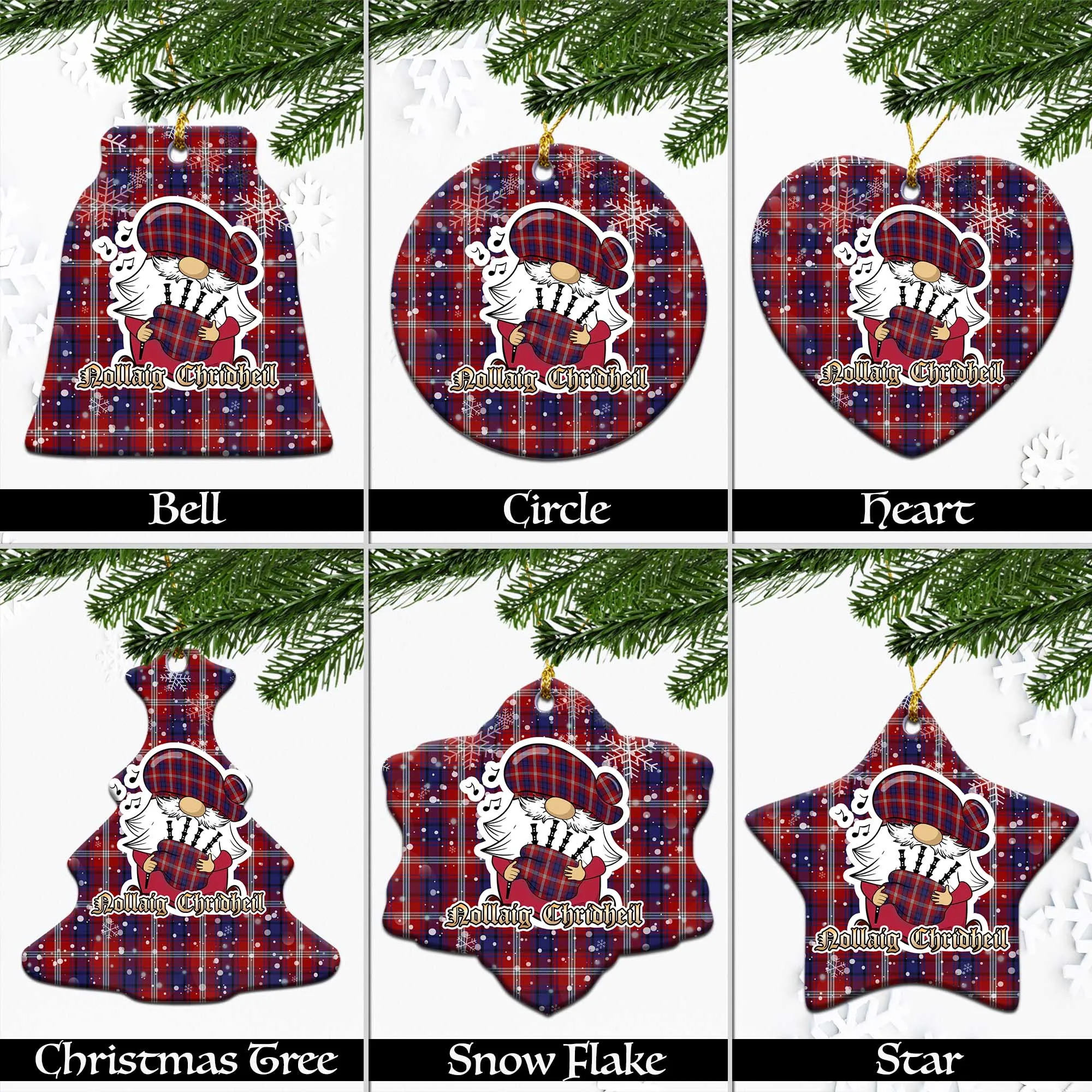 Ainslie Tartan Christmas Ceramic Ornaments with Scottish Gnome Playing Bagpipes