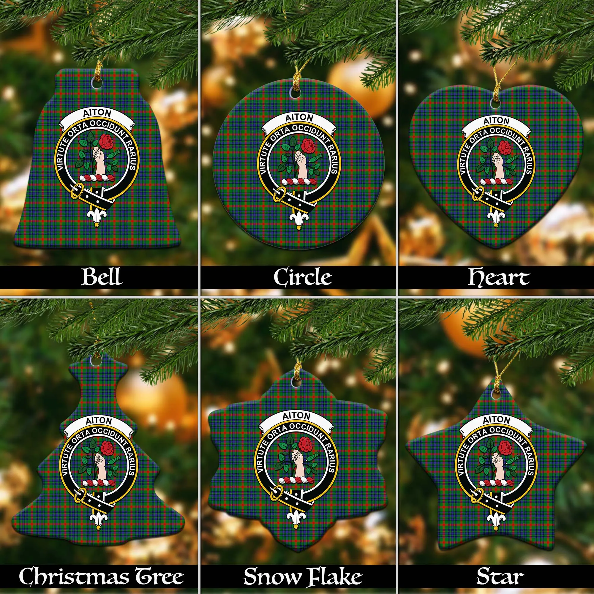 Aiton Tartan Christmas Ceramic Ornaments with Family Crest