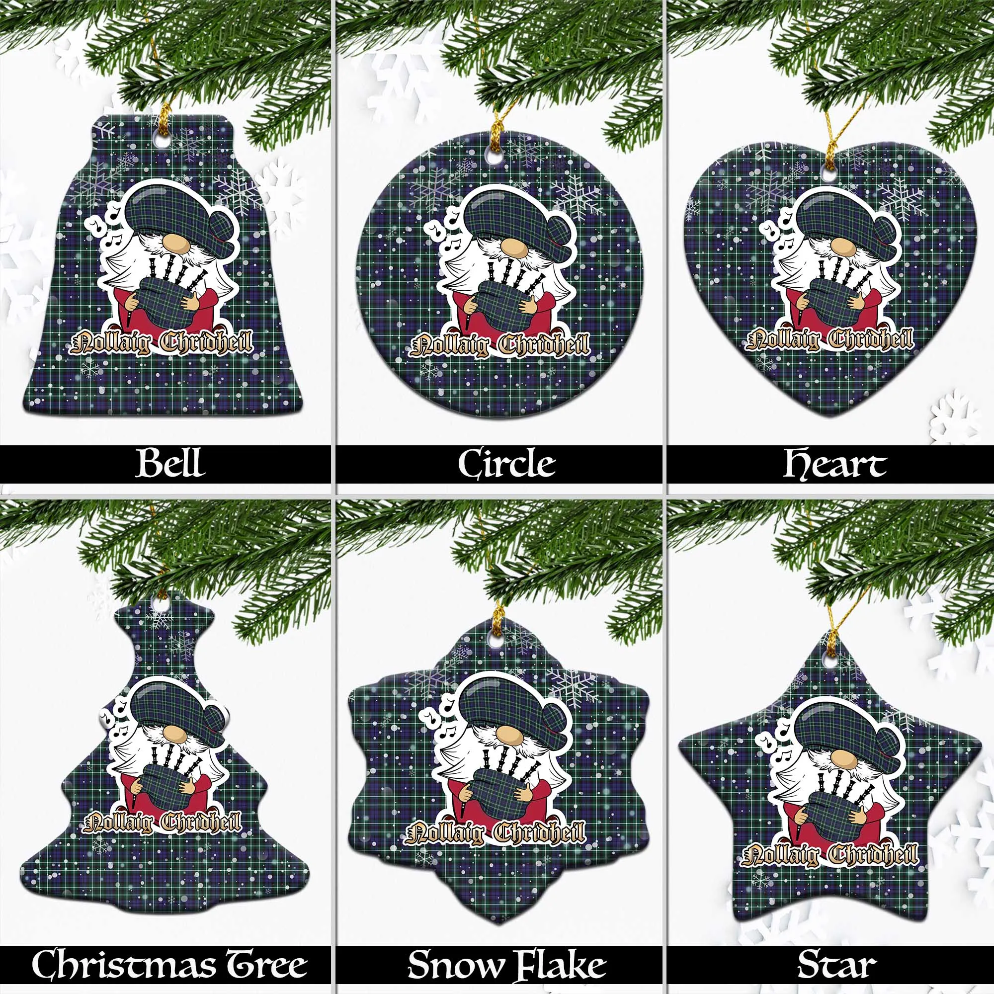 Allardice Tartan Christmas Ceramic Ornaments with Scottish Gnome Playing Bagpipes