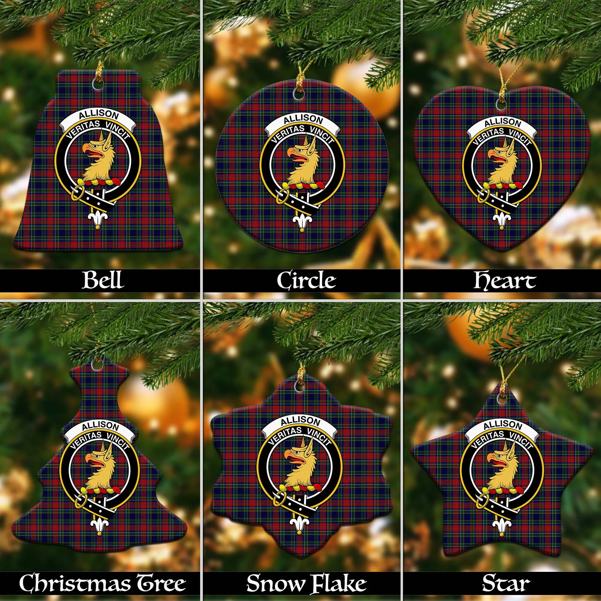 Allison Red Tartan Christmas Ceramic Ornaments with Family Crest