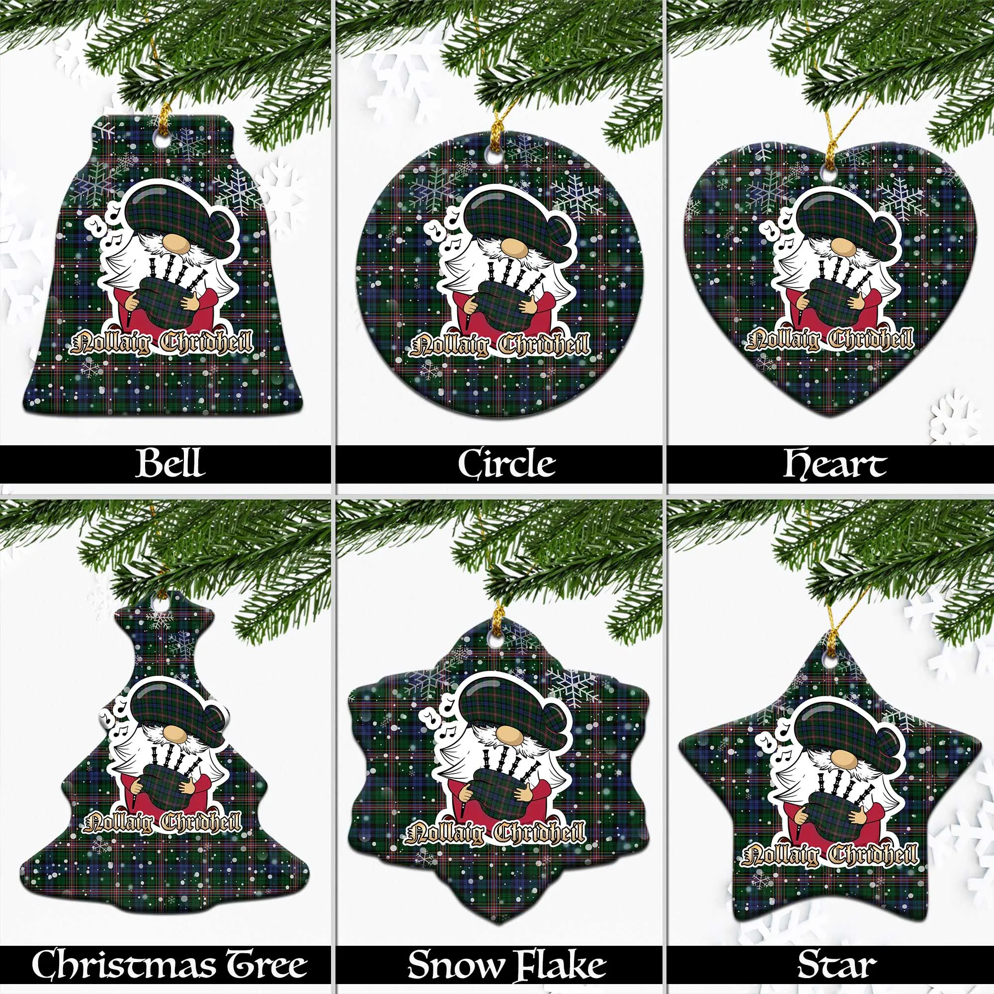 Allison Tartan Christmas Ceramic Ornaments with Scottish Gnome Playing Bagpipes