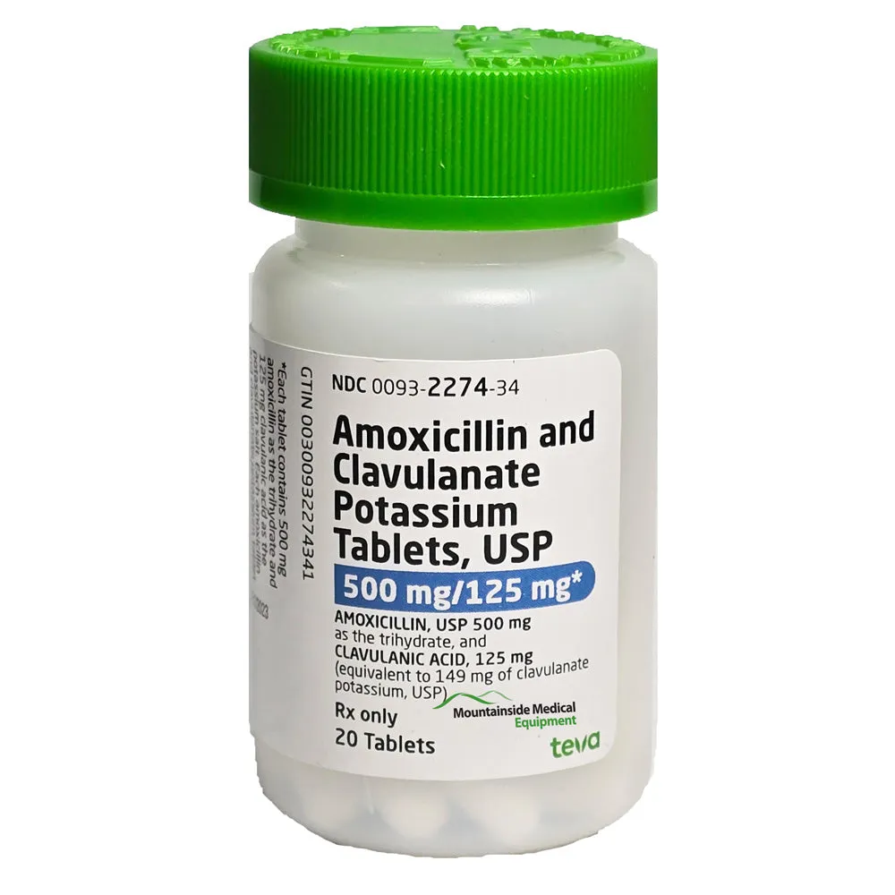 Amoxicillin and Clavulanate Potassium 500 mg/125 mg Tablets 20/Bottle (Rx)