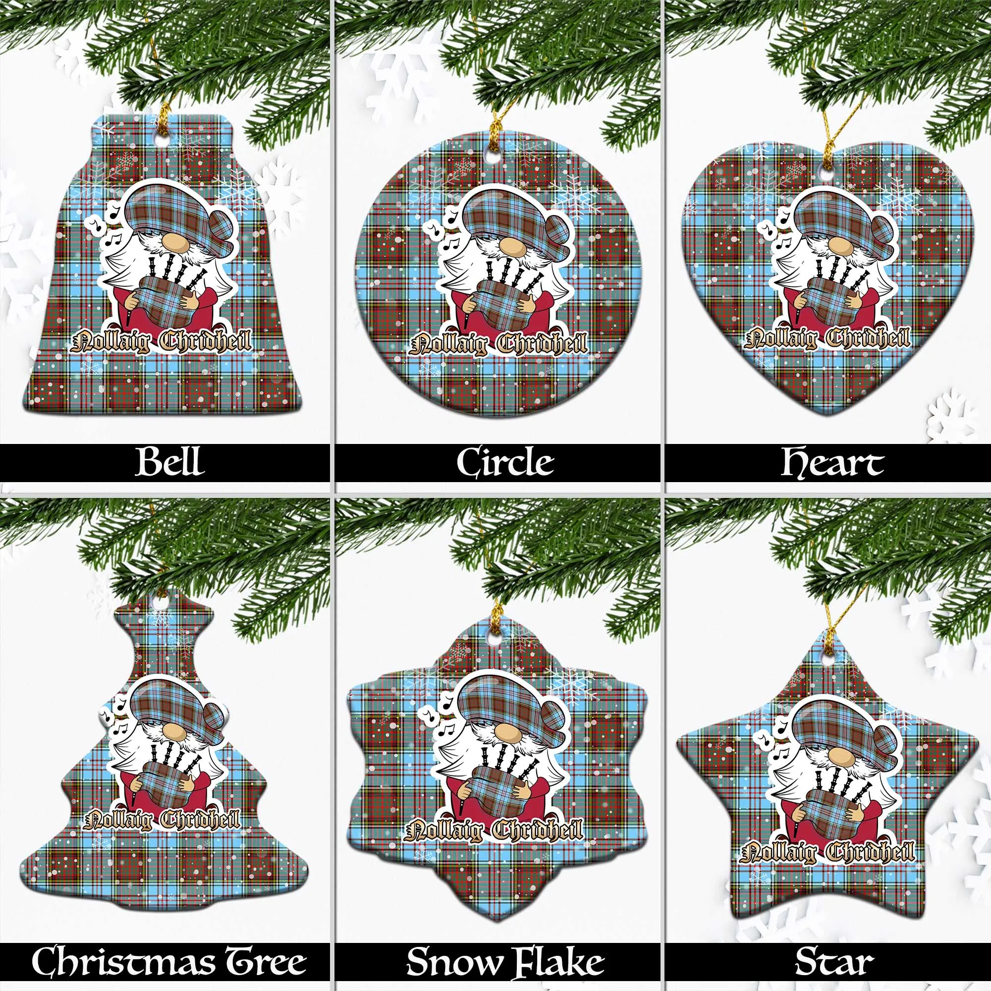 Anderson Ancient Tartan Christmas Ceramic Ornaments with Scottish Gnome Playing Bagpipes