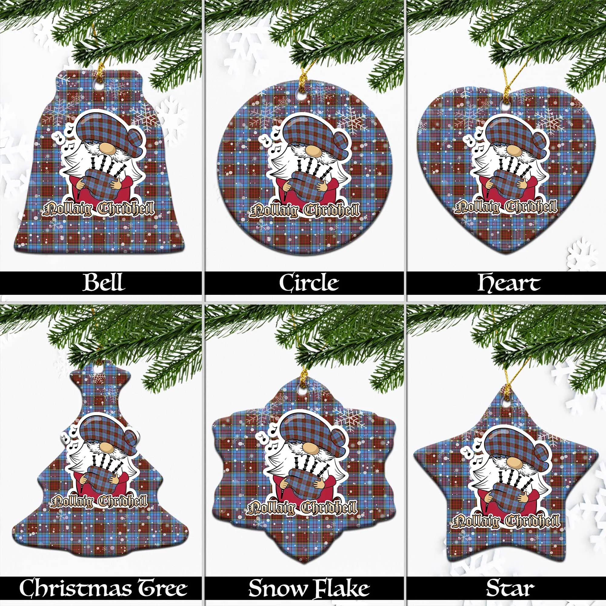 Anderson Modern Tartan Christmas Ceramic Ornaments with Scottish Gnome Playing Bagpipes