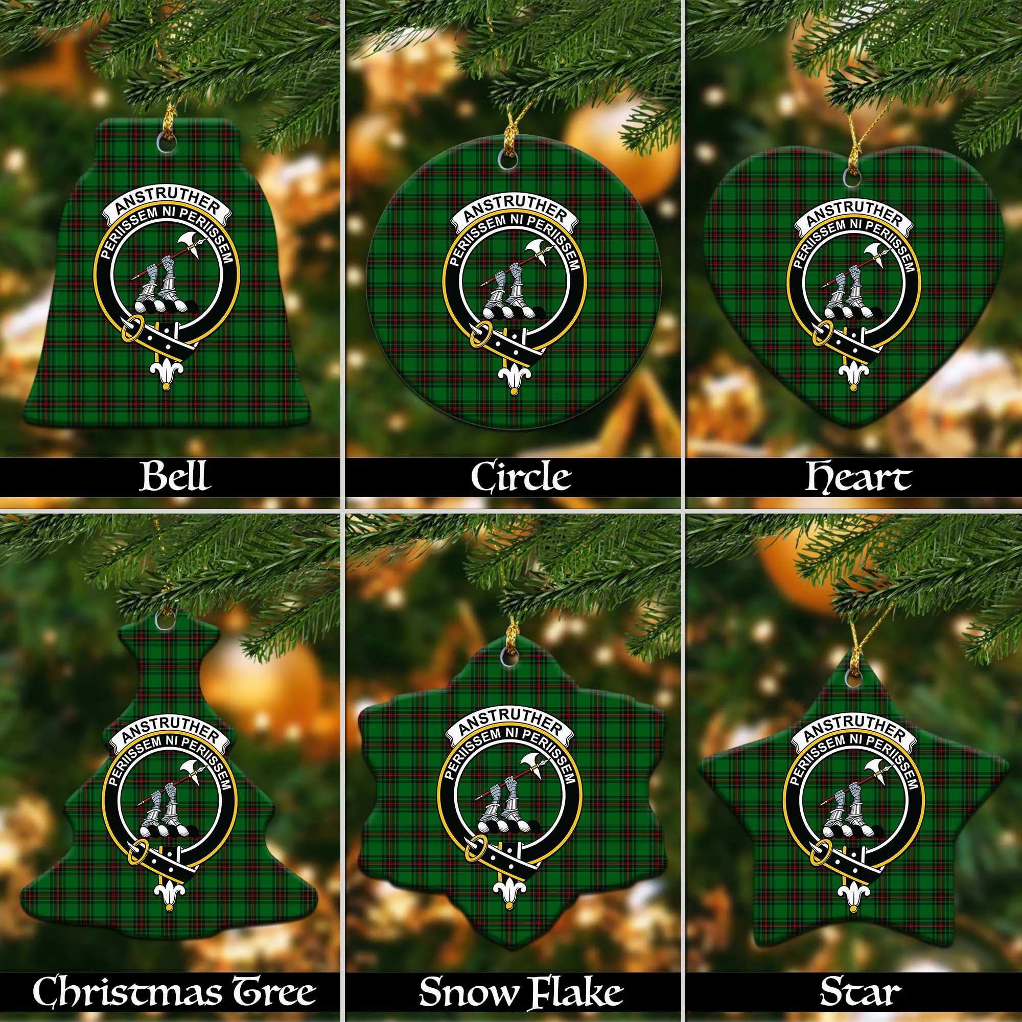 Anstruther Tartan Christmas Ceramic Ornaments with Family Crest