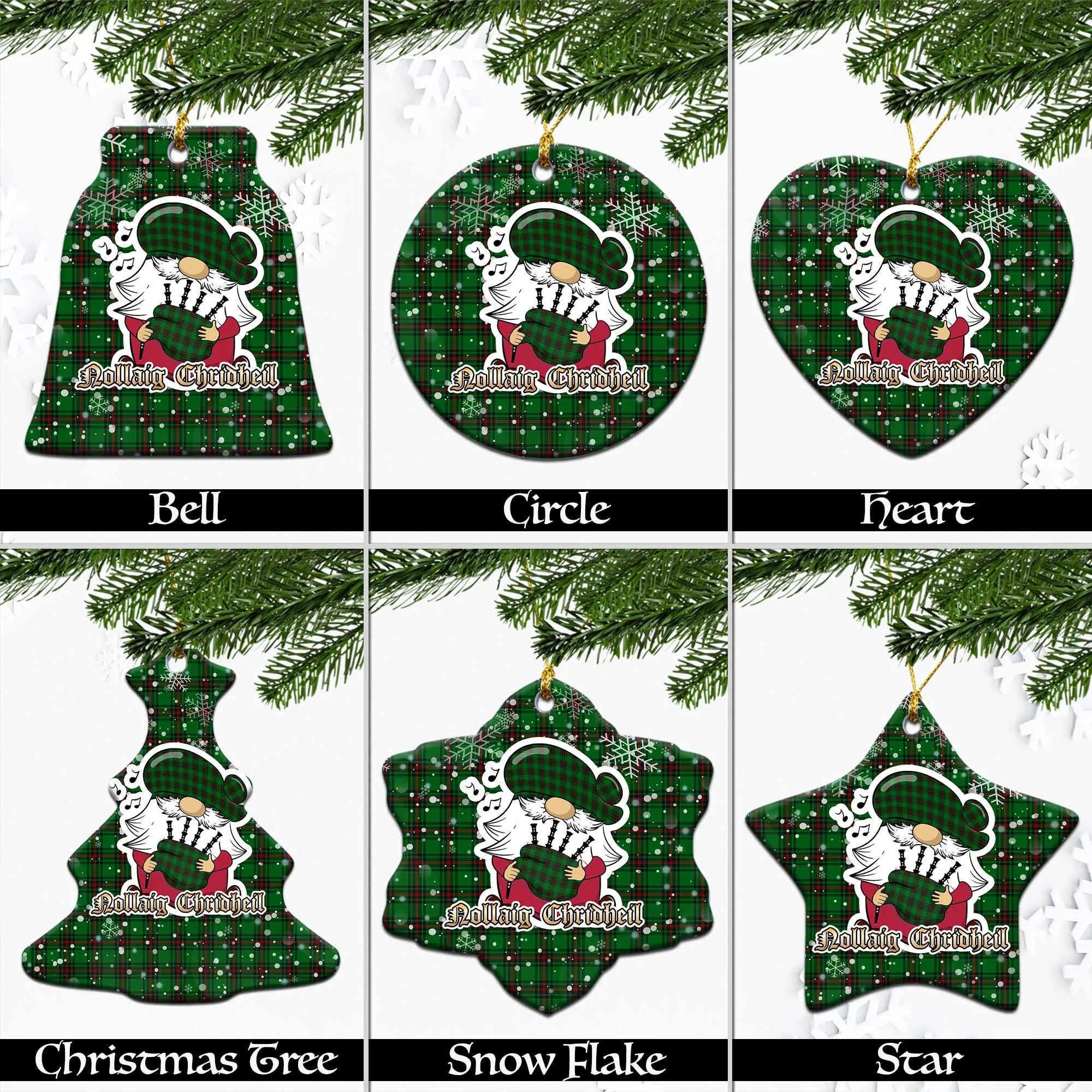 Anstruther Tartan Christmas Ceramic Ornaments with Scottish Gnome Playing Bagpipes