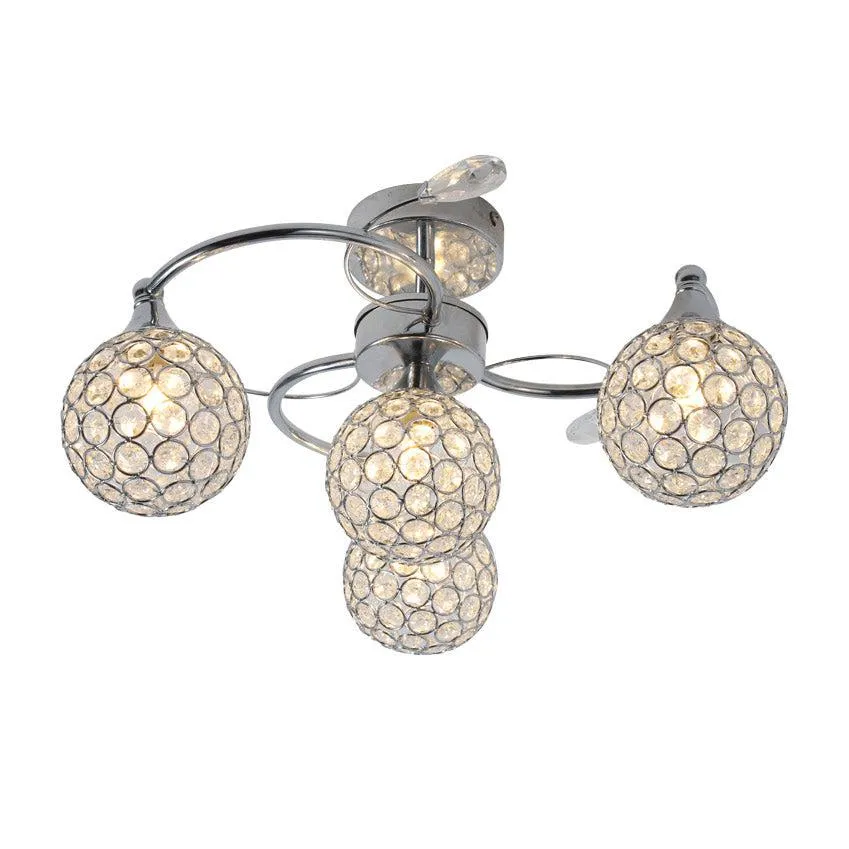 Bella Elegant LED Metal and Crystal Ceiling Light - Chrome, 4 Lights, Dimmable, 310 Lumens PL0069