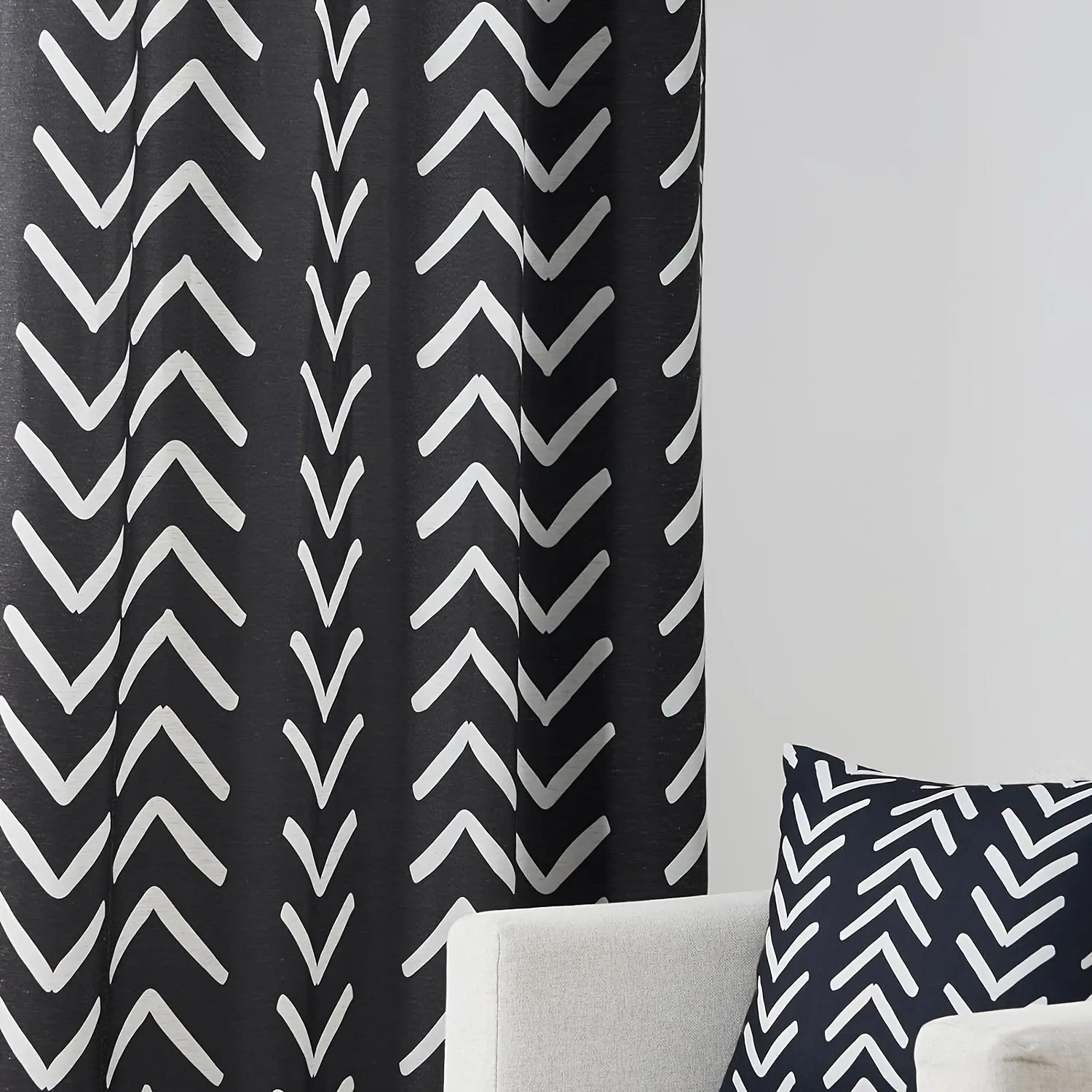 Black and White Pattern Linen Curtains 2 Panel Room Darkening Herringbone Fabric Grommet Curtains Living Room Zigzag Chevron Farmhouse Curtains Window