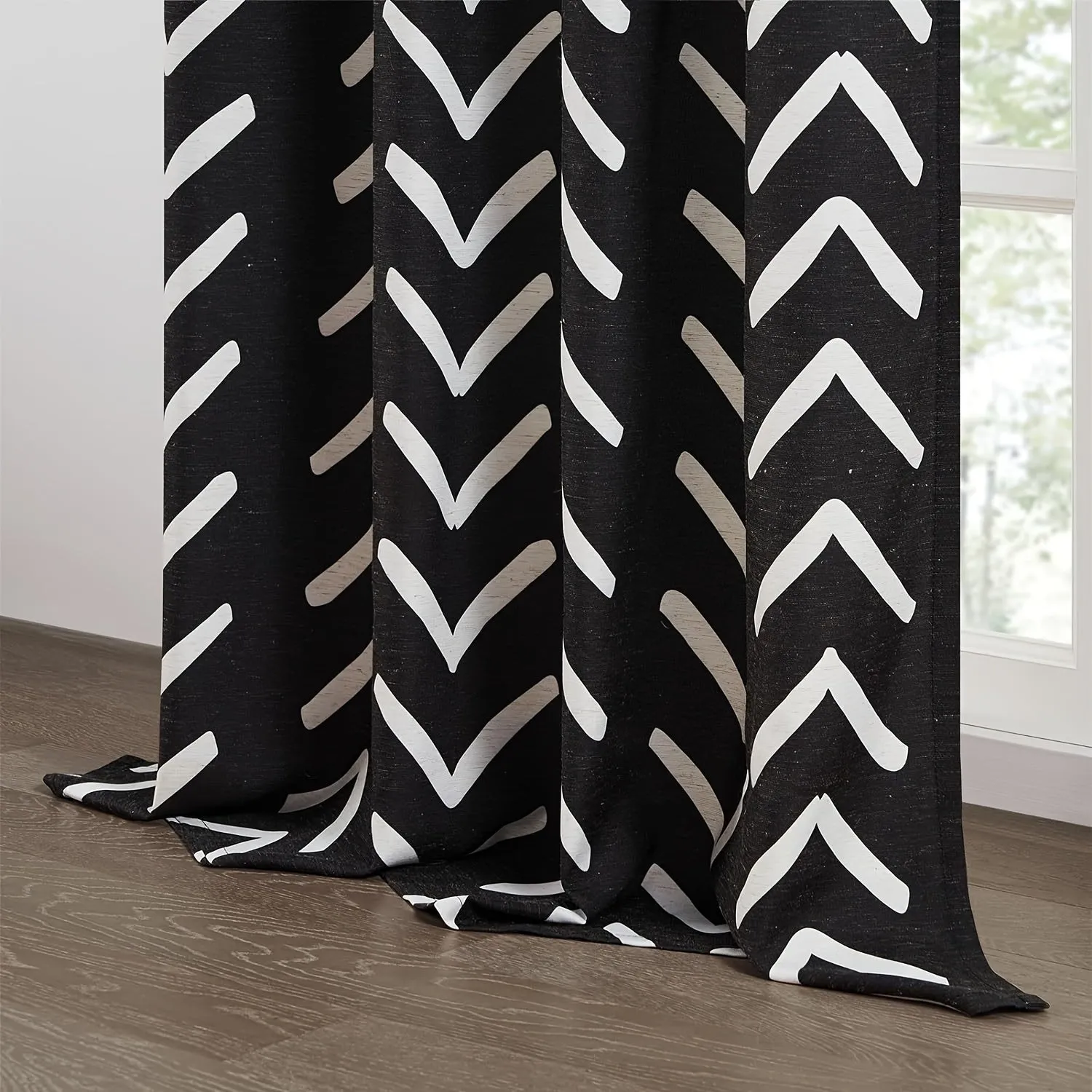 Black and White Pattern Linen Curtains 2 Panel Room Darkening Herringbone Fabric Grommet Curtains Living Room Zigzag Chevron Farmhouse Curtains Window