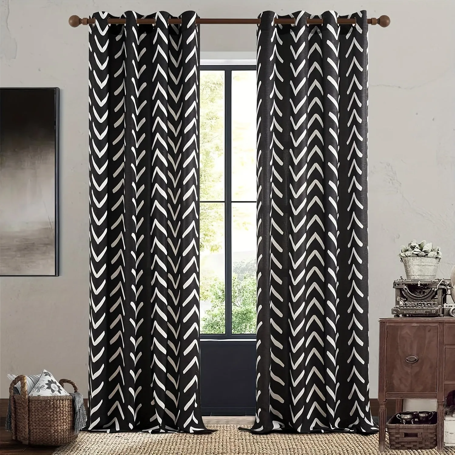 Black and White Pattern Linen Curtains 2 Panel Room Darkening Herringbone Fabric Grommet Curtains Living Room Zigzag Chevron Farmhouse Curtains Window