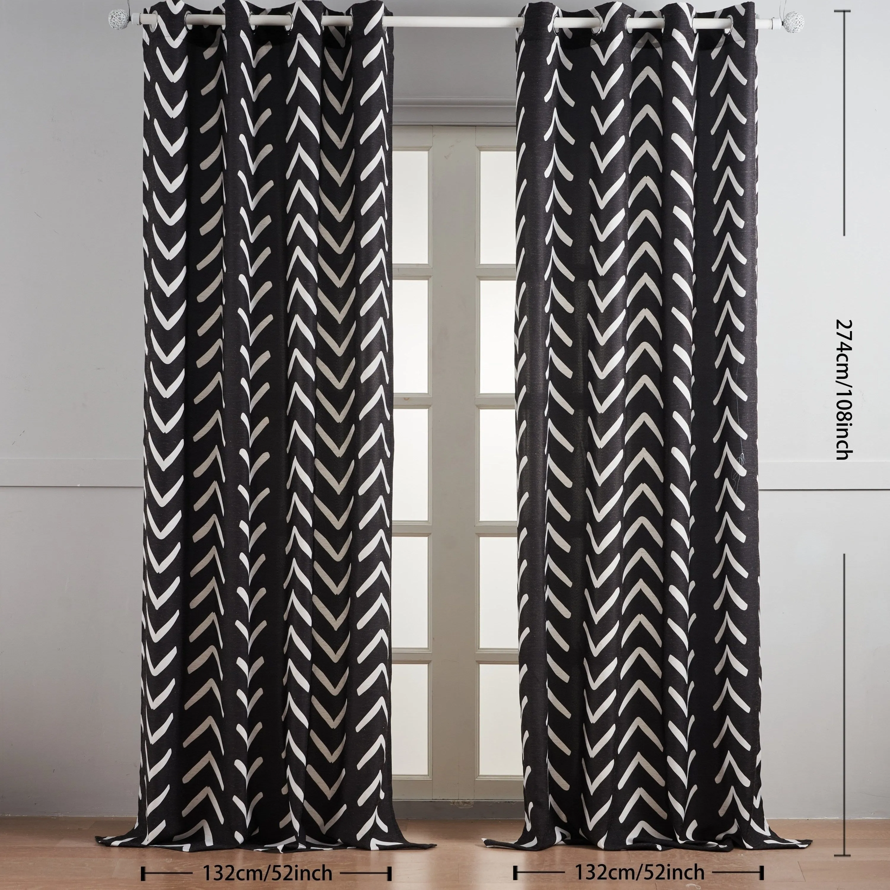 Black and White Pattern Linen Curtains 2 Panel Room Darkening Herringbone Fabric Grommet Curtains Living Room Zigzag Chevron Farmhouse Curtains Window