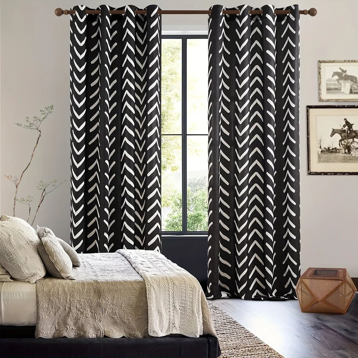 Black and White Pattern Linen Curtains 2 Panel Room Darkening Herringbone Fabric Grommet Curtains Living Room Zigzag Chevron Farmhouse Curtains Window