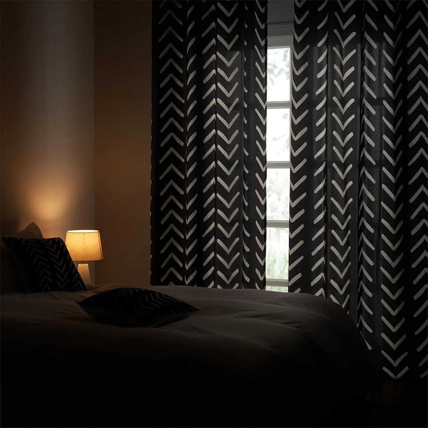 Black and White Pattern Linen Curtains 2 Panel Room Darkening Herringbone Fabric Grommet Curtains Living Room Zigzag Chevron Farmhouse Curtains Window