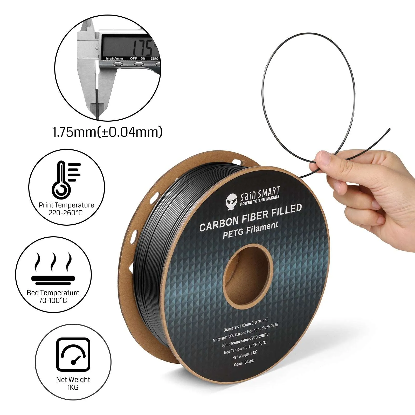 Black, Bronze Carbon Fiber PETG Filament, 1.75mm, Accuracy  /-0.04mm 1KG (2.2lbs)