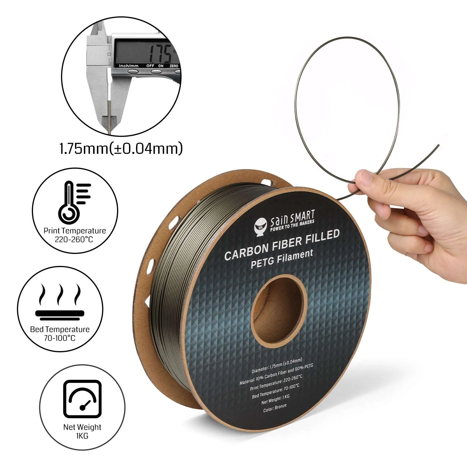 Black, Bronze Carbon Fiber PETG Filament, 1.75mm, Accuracy  /-0.04mm 1KG (2.2lbs)