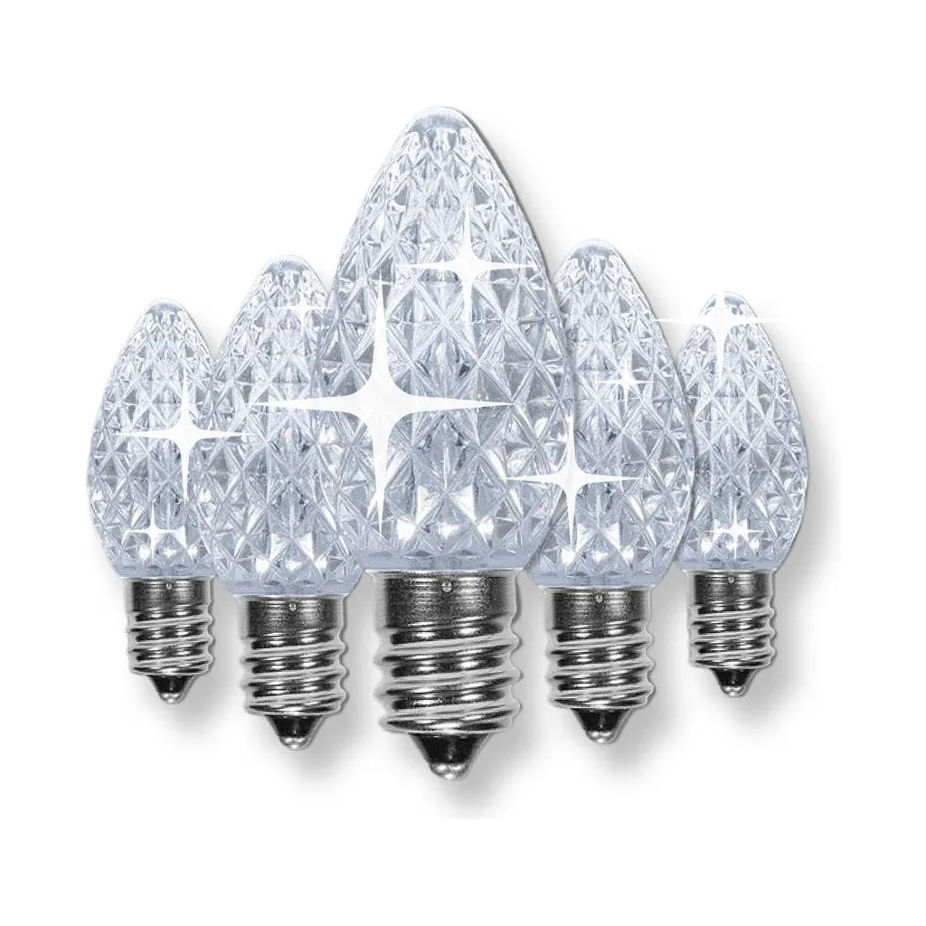 C7 Cool White  LED Christmas Light Bulbs, Faceted, Pack of 25, TWINKLE