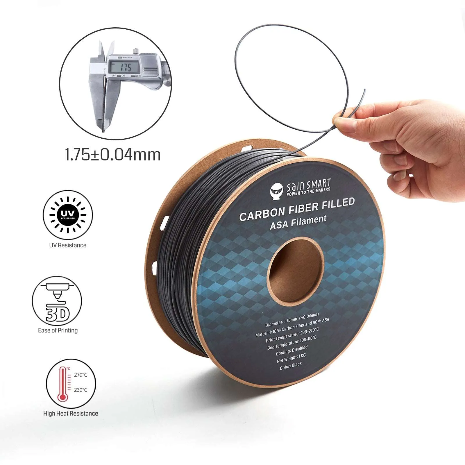 Carbon Fiber ASA Filament, 1.75mm Black, UV & Weather Resistant, Fit for Outdoor Functional Parts, 1kg, Accuracy  /- 0.04 mm