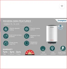 Crompton 15 L Storage Water Geyser (Regera 15 Ltr Glasslined With Free Connection Pipes and Free Installation, White)