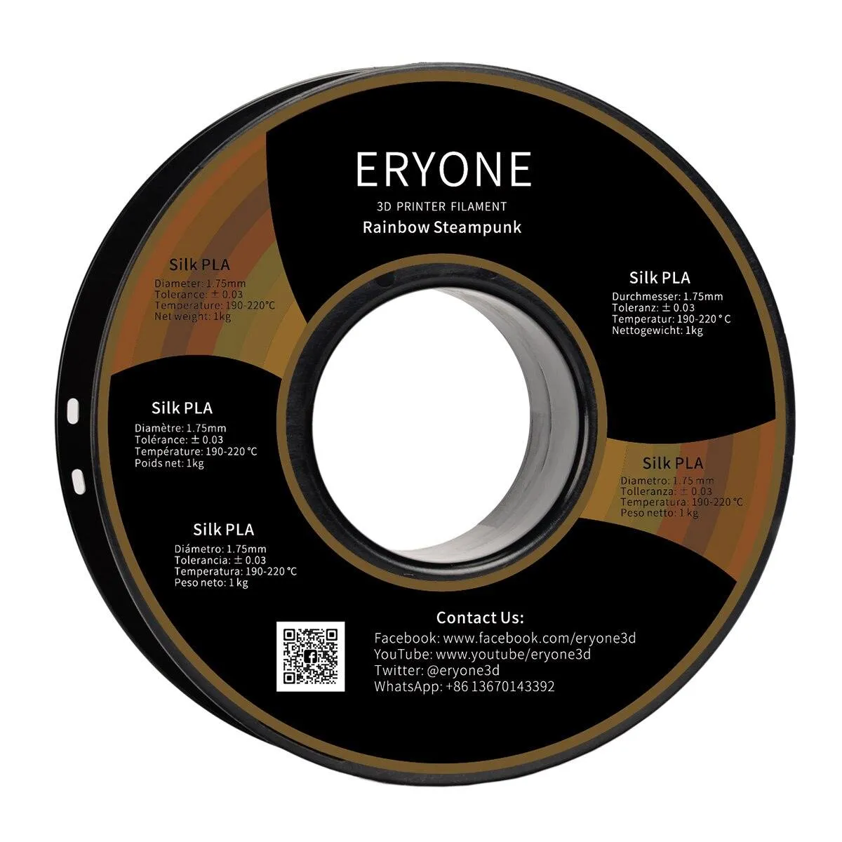 ERYONE Rainbow PLA Filament Multicolor Perfect Spooled 1.75mm 1Kg Classic Rainbow Steampunk Rainbow Metal Silk