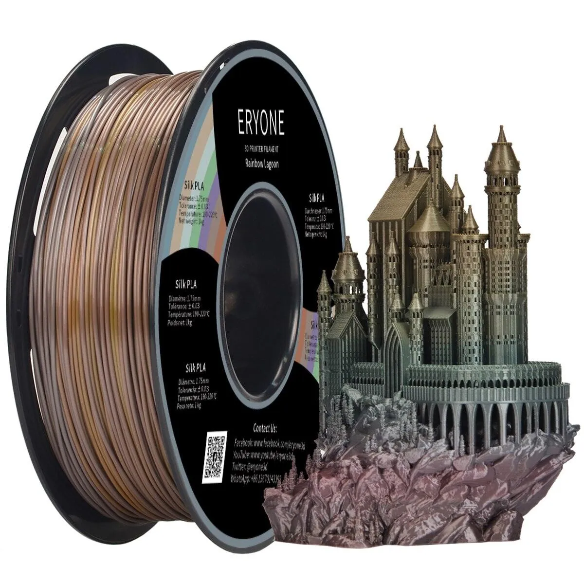 ERYONE Rainbow PLA Filament Multicolor Perfect Spooled 1.75mm 1Kg Classic Rainbow Steampunk Rainbow Metal Silk