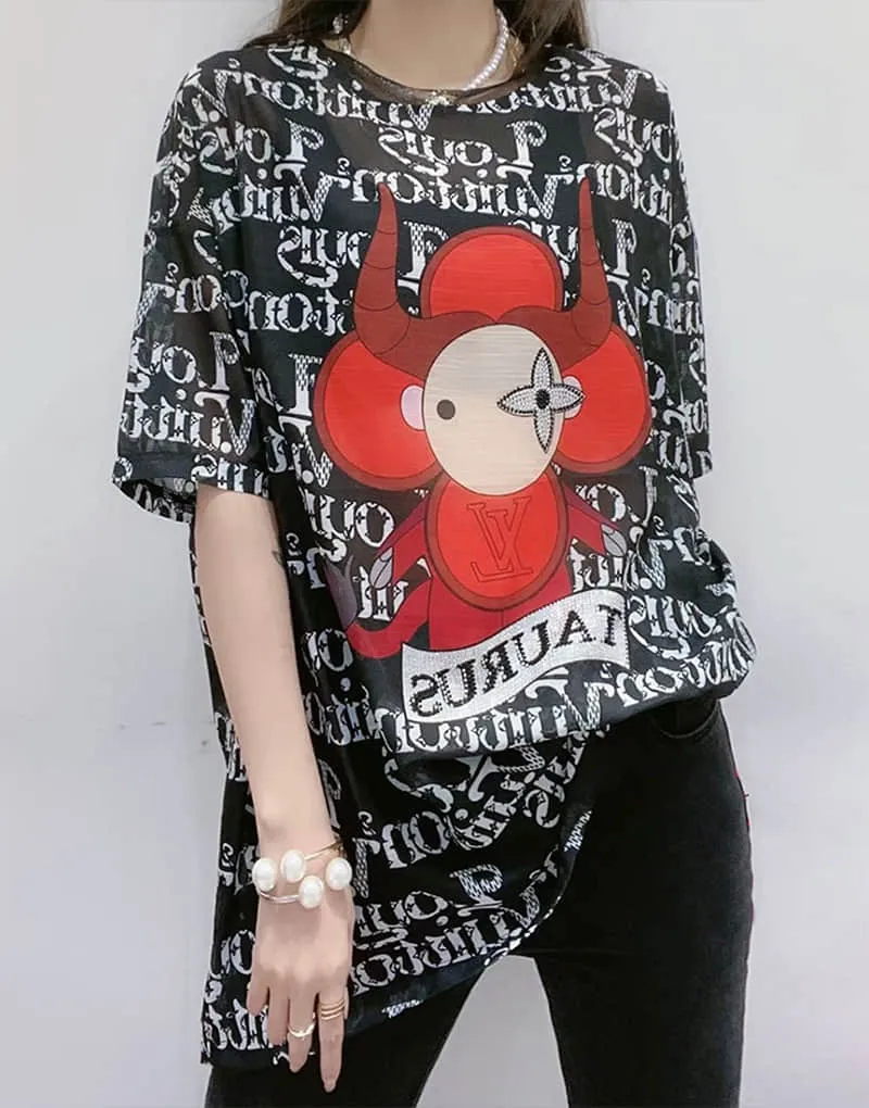 Fashion Silk print short-sleeved T-shirt