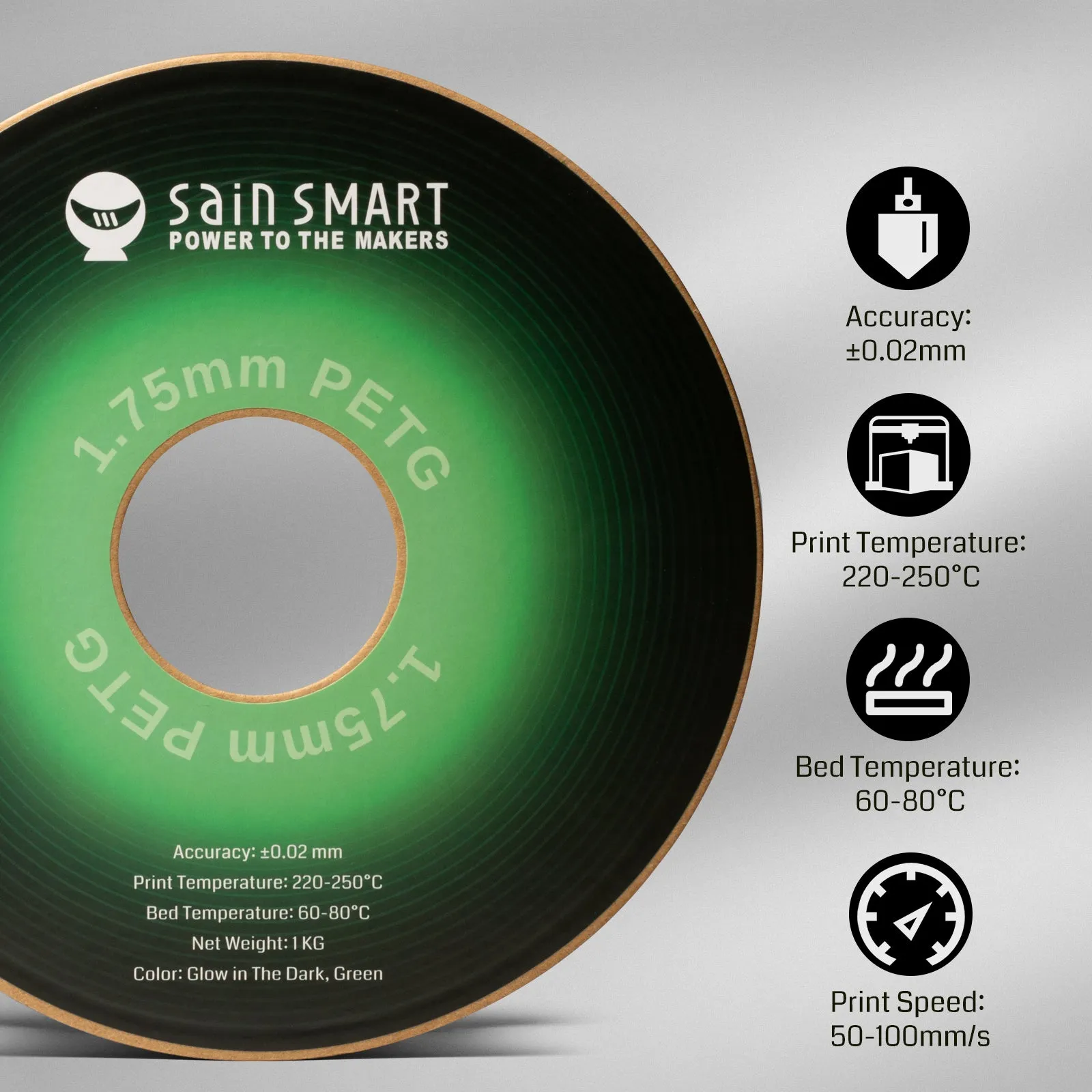 Glow-in-the-dark Green 1.75mm PRO-3 PETG Filament, 1kg