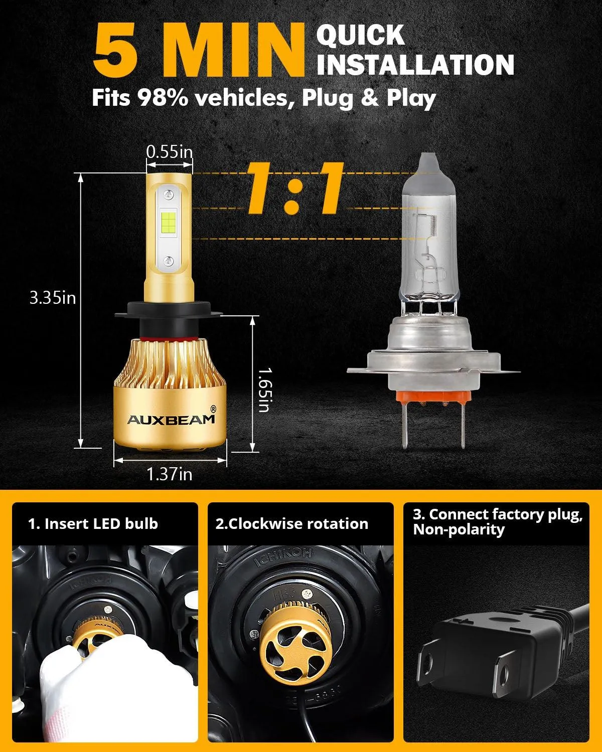H7 LED Headlight Bulbs 72W 8000LM S3 Series Fan Cooling 6500K Cool White | 2 Bulbs