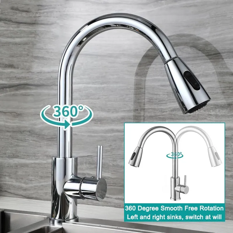 Kitchen SUS304 Tap Copper Dual Mode Pull-out Stretchable Sink Basin Faucet Hot and Cold Water Faucet
