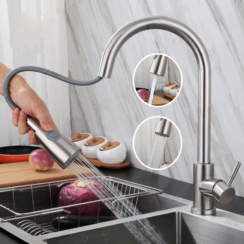 Kitchen SUS304 Tap Copper Dual Mode Pull-out Stretchable Sink Basin Faucet Hot and Cold Water Faucet