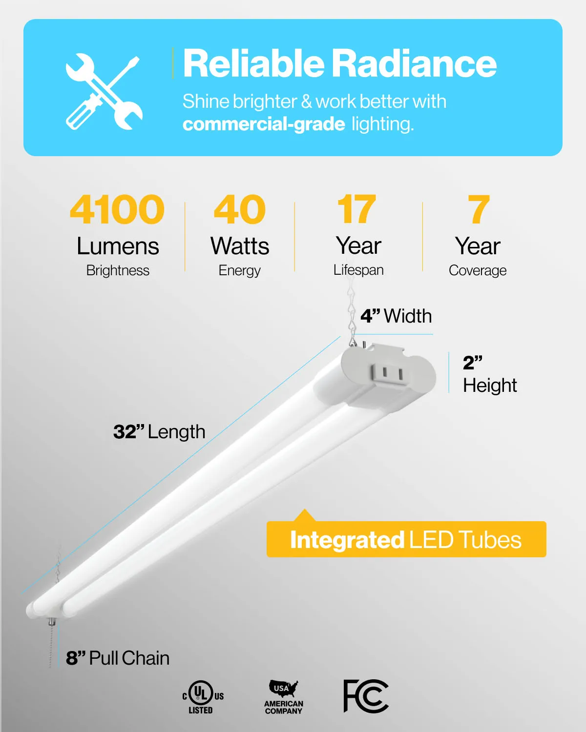 LED Shop Light, 4ft, Utility, Frosted, Plug & Play, 4100 Lumens