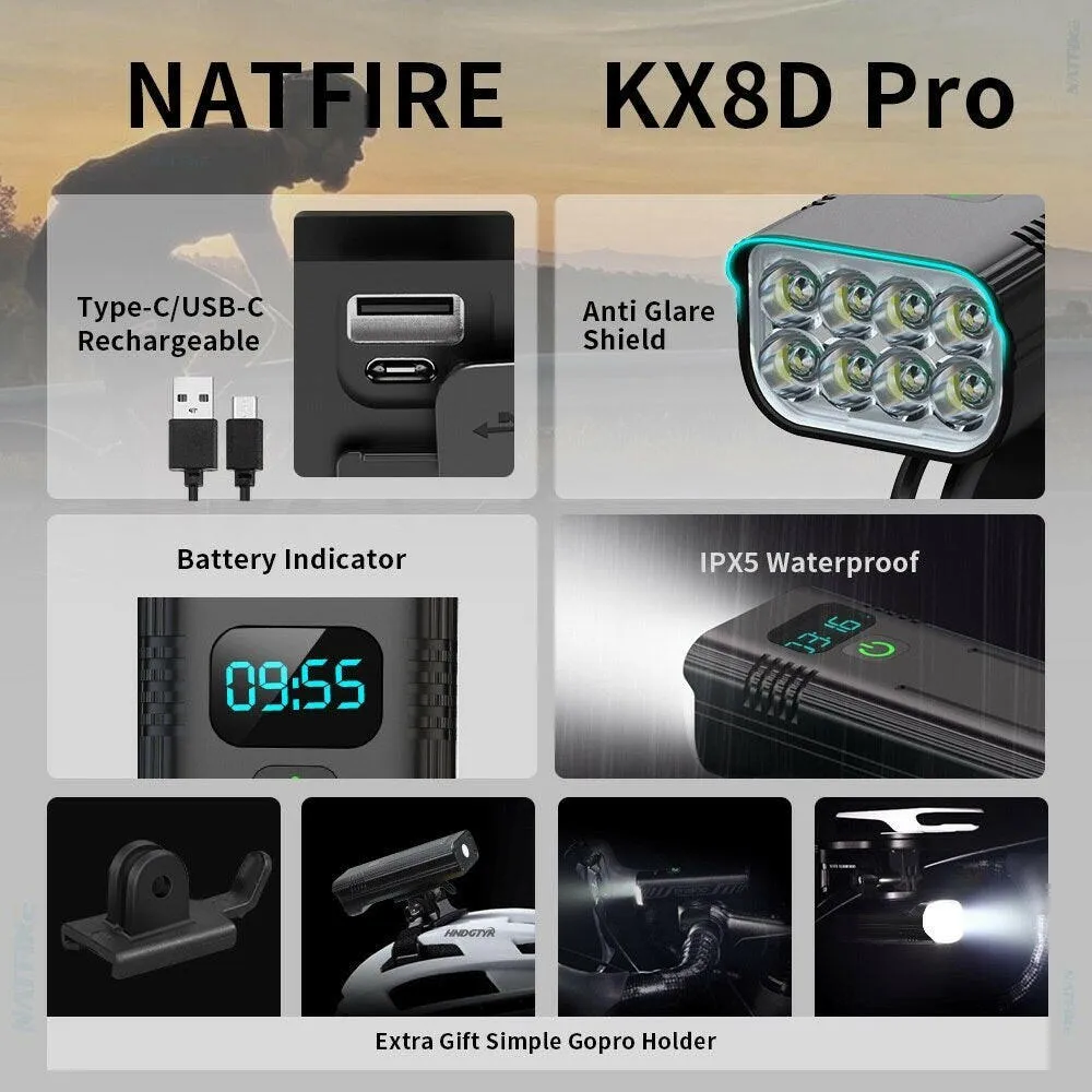 NATFIRE 10000mAh Bike Light 8 12 LEDs USB C Rechargeable Bicycle Lights Battery Indicator Aluminum Front Lamp Headlight