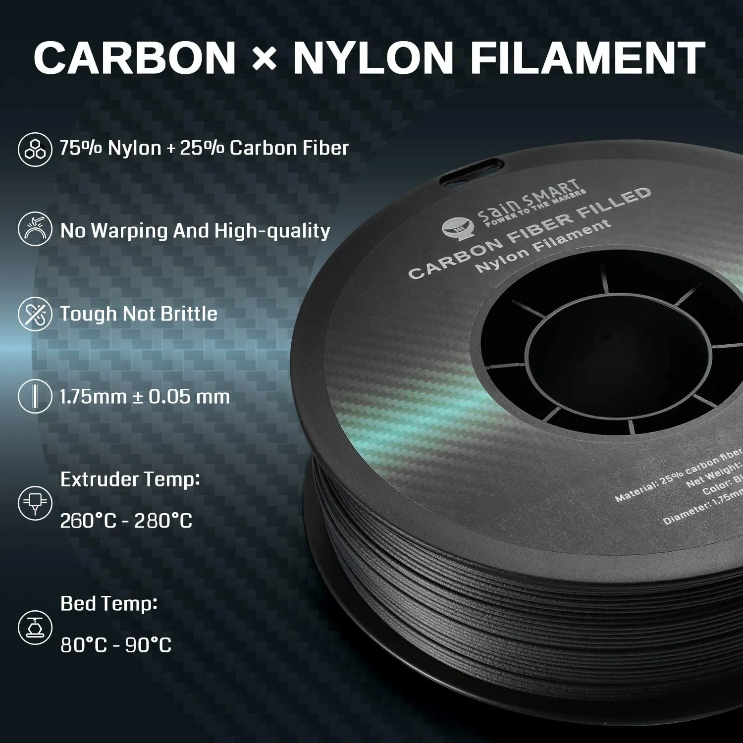 Nylon  Carbon Fiber Filament 1.75mm 1kg/2.2lb, Black