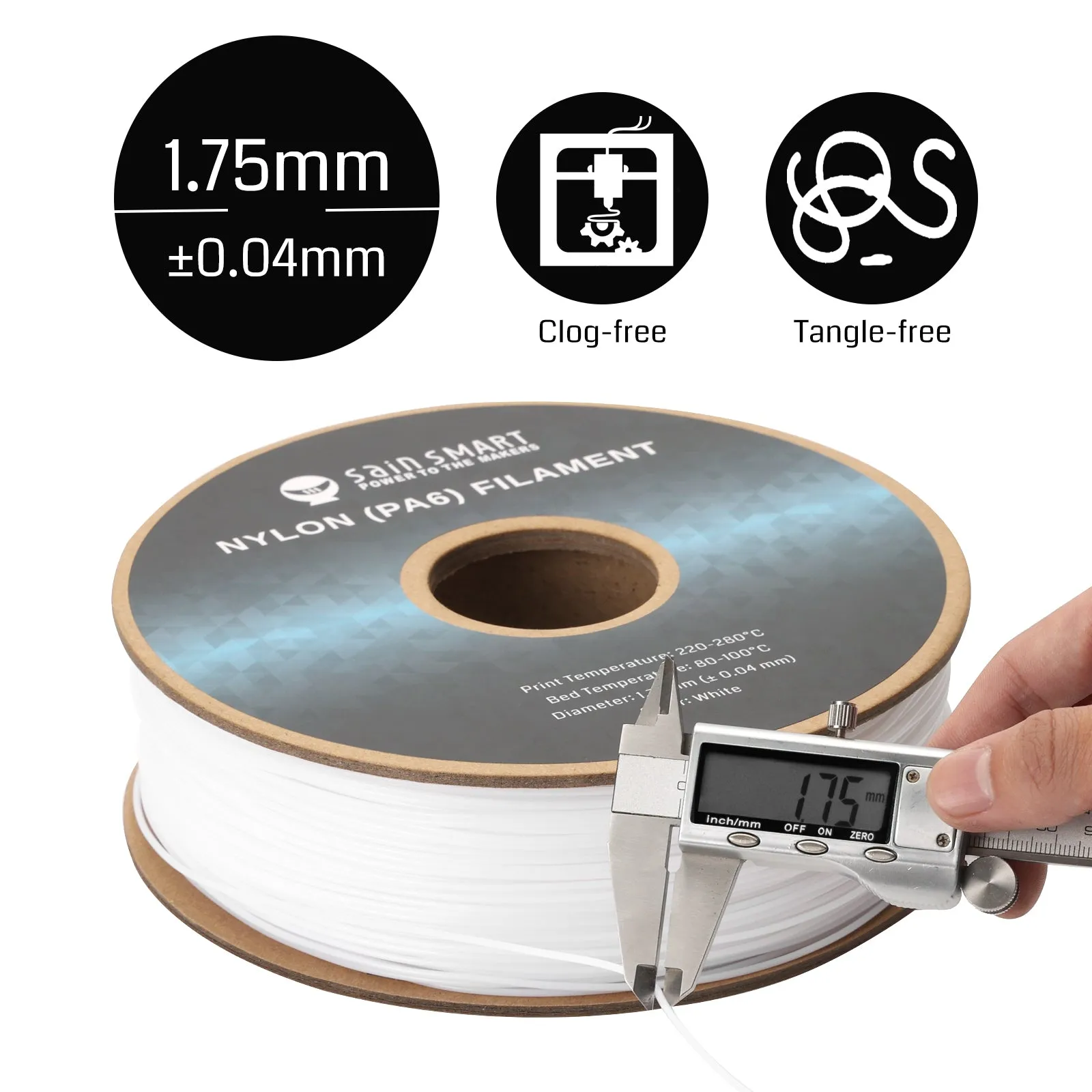 PA6 Nylon Filament 1.75mm, 1kg, Accuracy  /- 0.04 mm